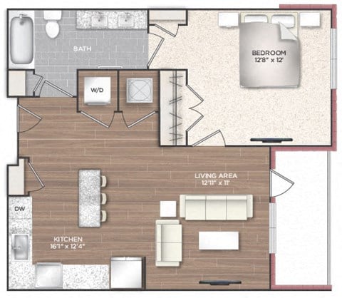 Floor plan for 1 bed, 1 bath, 731 sqft